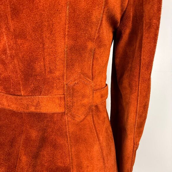 Vintage 70s Rust Suede Leather Jacket | Retro Belted Coat | Made in Korea - Picture 13 of 15